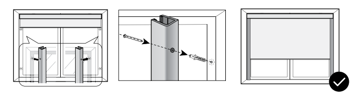 Three-panel diagram showing side channel screw installation: channels positioned in window frame, screw driven into channel, and completed shade installation with checkmark