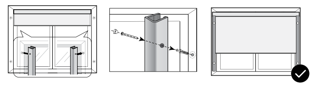 Three-step diagram showing outside mount installation: positioning side channels, securing with screws, and completed shade install with checkmark.