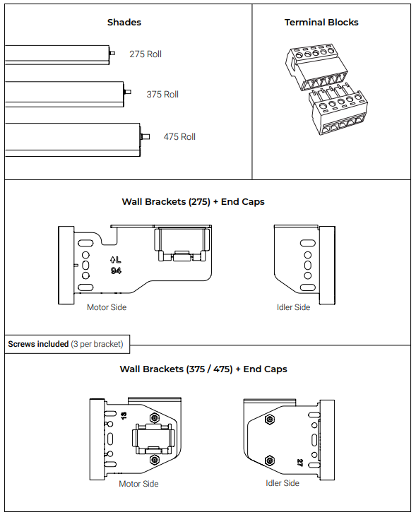Diagram showing Nano shade roll sizes, terminal blocks, and wall bracket configurations for 275, 375, and 475 rolls with motor and idler side end caps