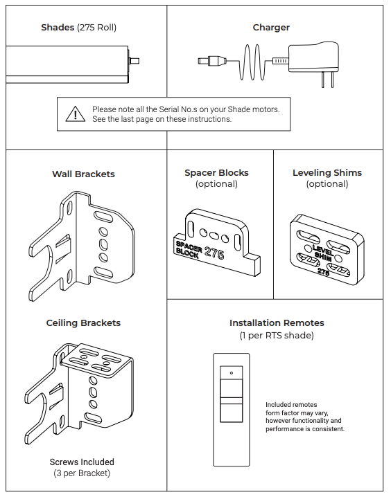 Labeled parts diagram showing 275 Roll shade, charger, wall brackets, ceiling brackets, spacer blocks, leveling shims, and installation remote