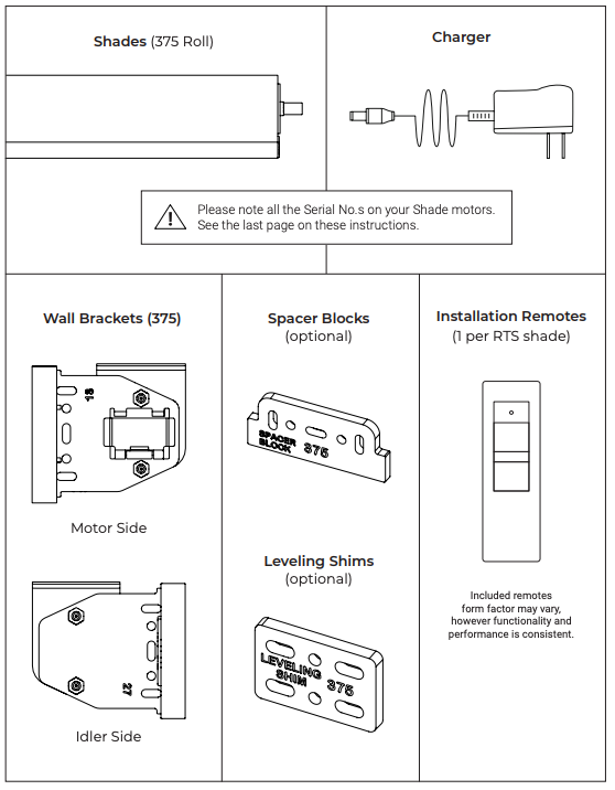 Diagram showing 375 Roll shade, charger, wall brackets motor and idler sides, optional spacer blocks, leveling shims, and RTS installation remote