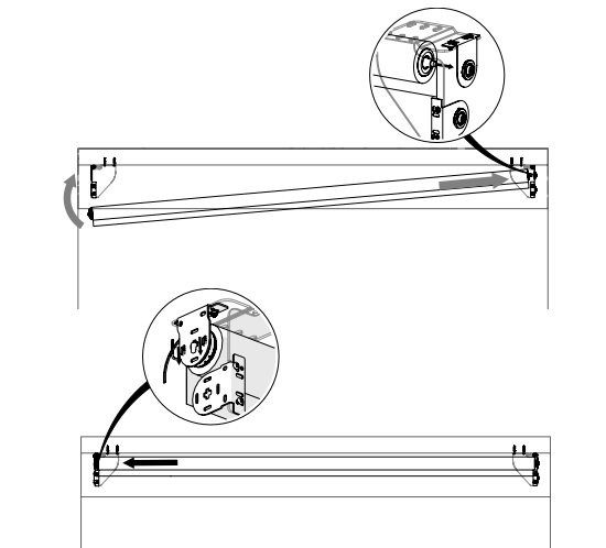 Nano roll installation showing idler side inserted first, then motor side pushed up into bracket, with callout details of both bracket connections.