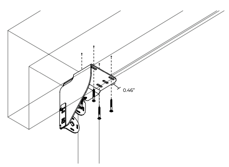 Nano idler side bracket mounted in pocket ceiling with 0.46-inch wall clearance indicated, screws shown below