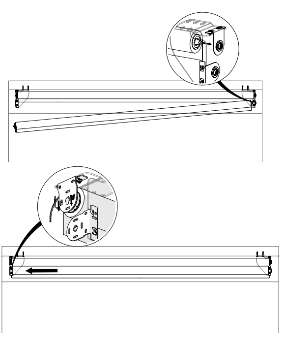 Nano roll idler side inserted first, then motor side pressed into bracket with directional arrow showing sliding motion