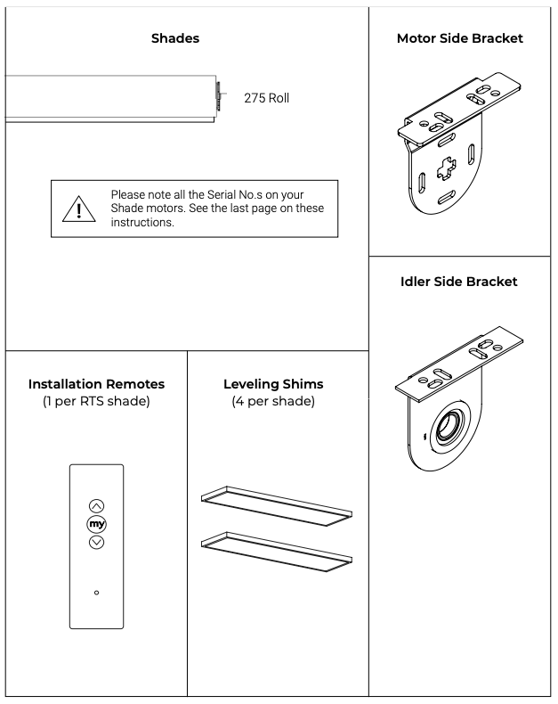Parts diagram showing 275 Roll shade, motor side bracket, idler side bracket, RTS installation remote, and four leveling shims