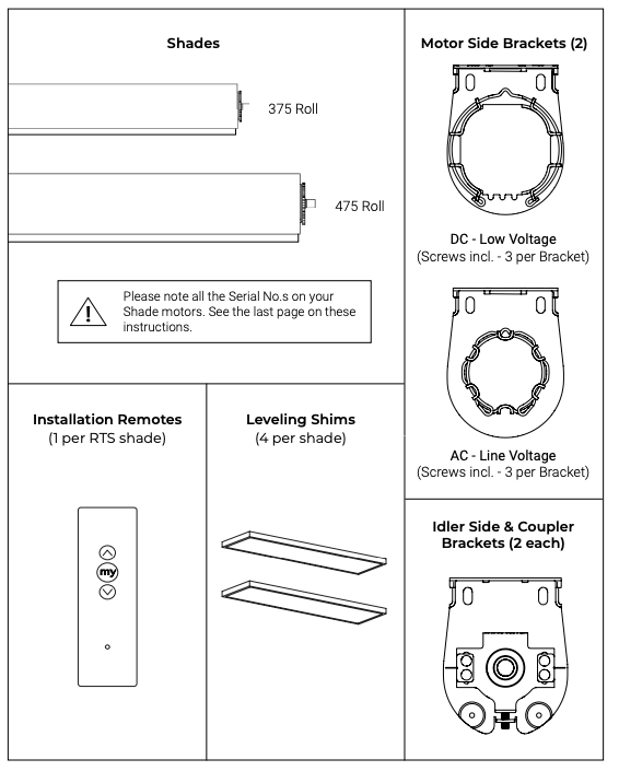Nano shade parts diagram showing 375 and 475 rolls, DC and AC motor side brackets, idler side and coupler brackets, installation remote, and leveling shims