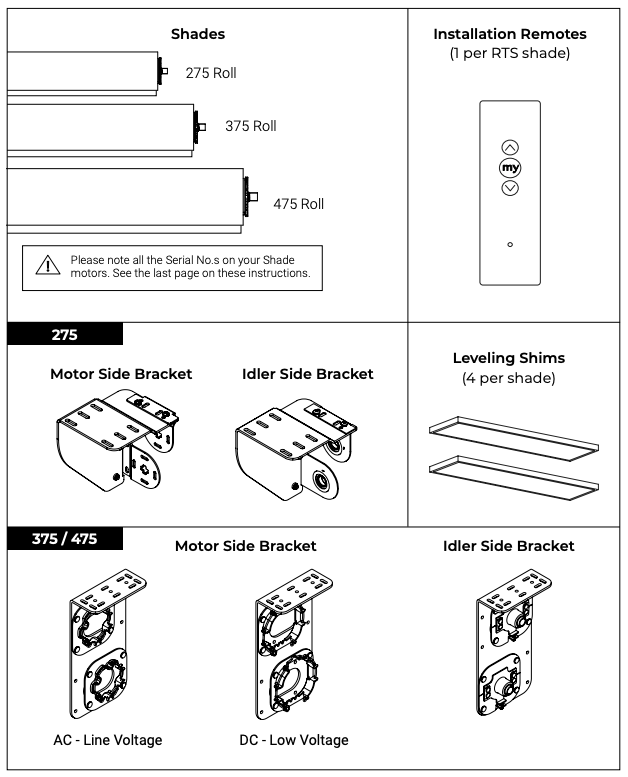Parts diagram showing 275, 375, and 475 shade rolls, RTS remote, motor and idler side brackets, and leveling shims