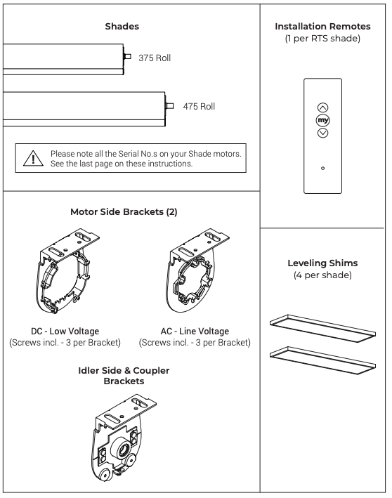 Parts diagram showing Nano shades, motor side brackets, idler bracket, RTS remote, and leveling shims