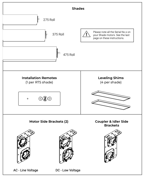 Parts diagram showing 275, 375, and 475 roll shades, installation remote, leveling shims, motor side brackets, and coupler and idler side brackets