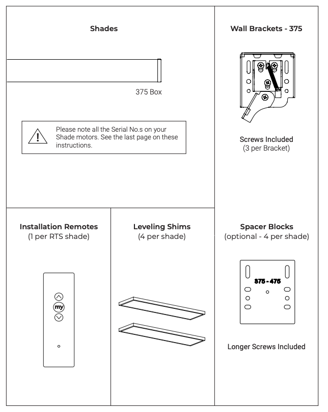 Parts diagram showing 375 Box shade, Wall Brackets-375 with screws, RTS installation remote, leveling shims, and optional 375-475 spacer blocks with longer screws
