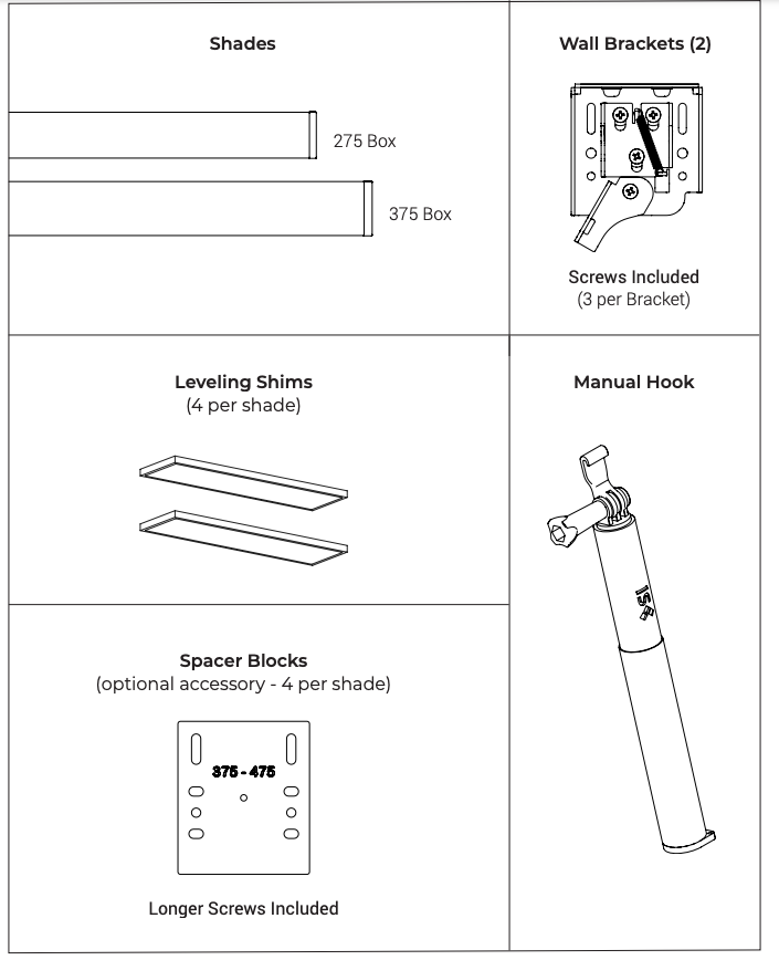 Parts diagram showing shades, wall brackets, leveling shims, spacer blocks, and manual hook tool with labels