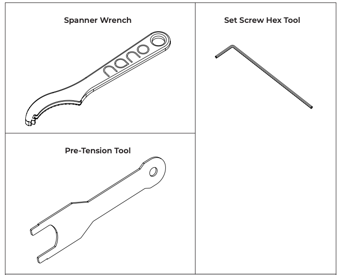 Three nano installation tools: spanner wrench, set screw hex key, and pre-tension tool