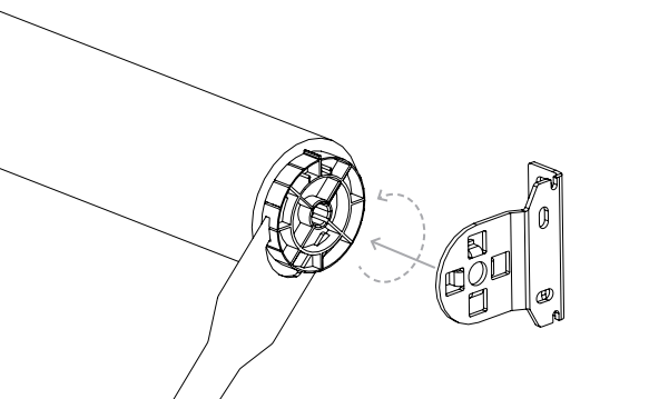 Spring control end cap being inserted and rotated into Nano manual shade tube end, with arrows indicating counter-clockwise rotation