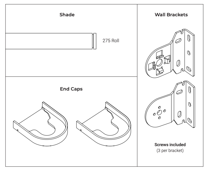 Diagram showing Nano shade components: 275 Roll tube, two end caps, and two wall brackets with screws included