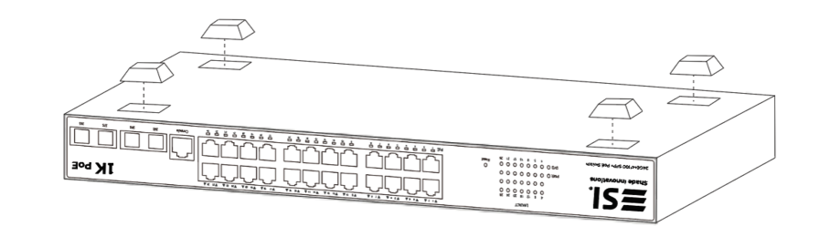 Line drawing of 1K PoE Switch shown upside down with six rubber feet illustrated above unit