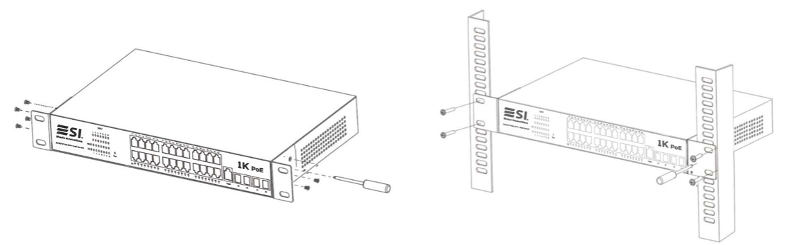 SI 1K PoE switch standalone and mounted in a rack with screwdriver installation diagram