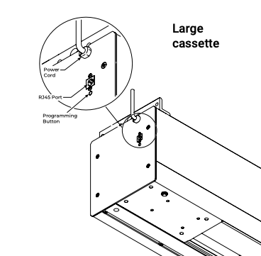 Large cassette end panel with callouts identifying Power Cord, RJ45 Port, and Programming Button locations
