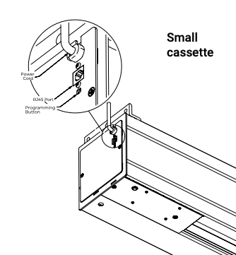 Small cassette end cap with labeled Power Cord, RJ45 Port, and Programming Button locations