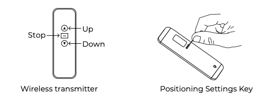 Wireless transmitter button diagram showing Up, Stop, and Down labels beside a hand holding a Settings Key remote