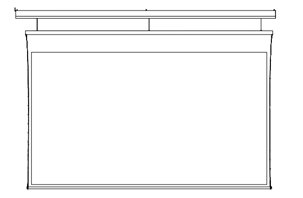 Front-view diagram of motorized projection screen with ceiling-mount bracket above casing