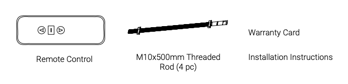 Remote control, M10x500mm threaded rod, warranty card, and installation instructions in the box contents diagram