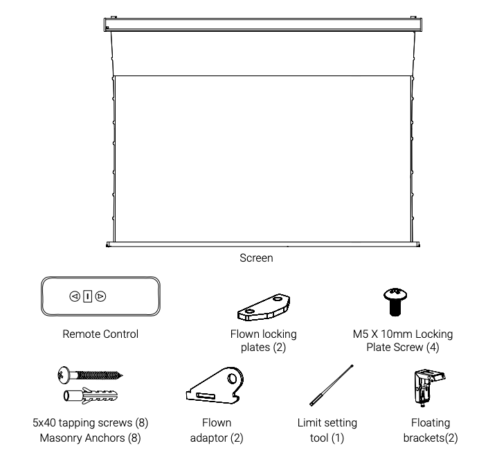 Exploded diagram showing screen, remote control, flown locking plates, M5 screws, tapping screws, masonry anchors, flown adaptors, limit setting tool, and floating brackets