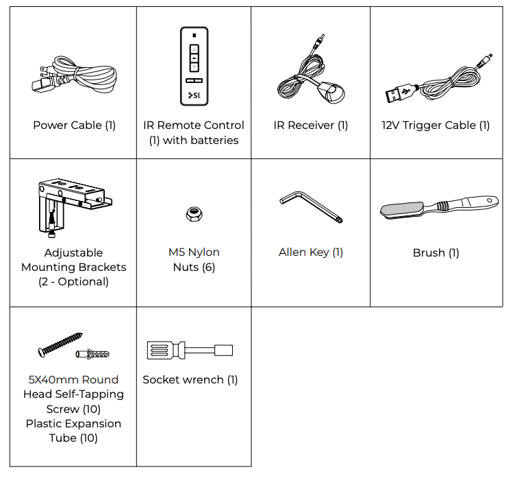 Grid diagram showing included accessories: power cable, IR remote, IR receiver, 12V trigger cable, mounting brackets, M5 nylon nuts, allen key, brush, screws, expansion tubes, and socket wrench