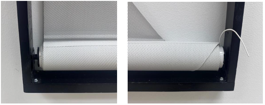 Roller shade secured in black housing brackets, shown from two angles with tension cord visible on right