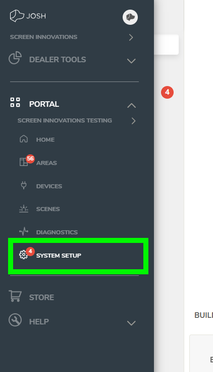 Josh Portal navigation menu with System Setup option highlighted in green, step 4