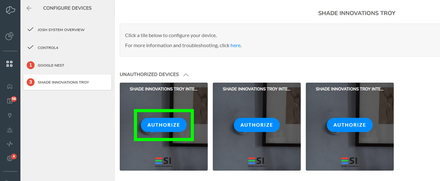 Josh Portal Configure Devices screen showing three unauthorized Shade Innovations Troy tiles with Authorize buttons, first tile highlighted in green