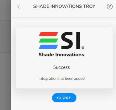Shade Innovations integration success confirmation screen showing