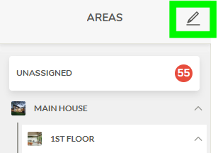 Josh Portal Areas tab showing Unassigned badge with 55 devices and edit icon highlighted