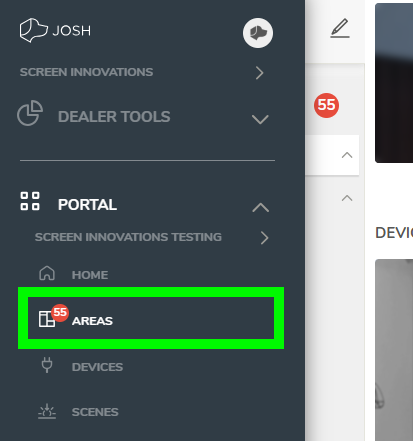 Josh Portal sidebar showing Areas tab highlighted with green box and 55 devices badge