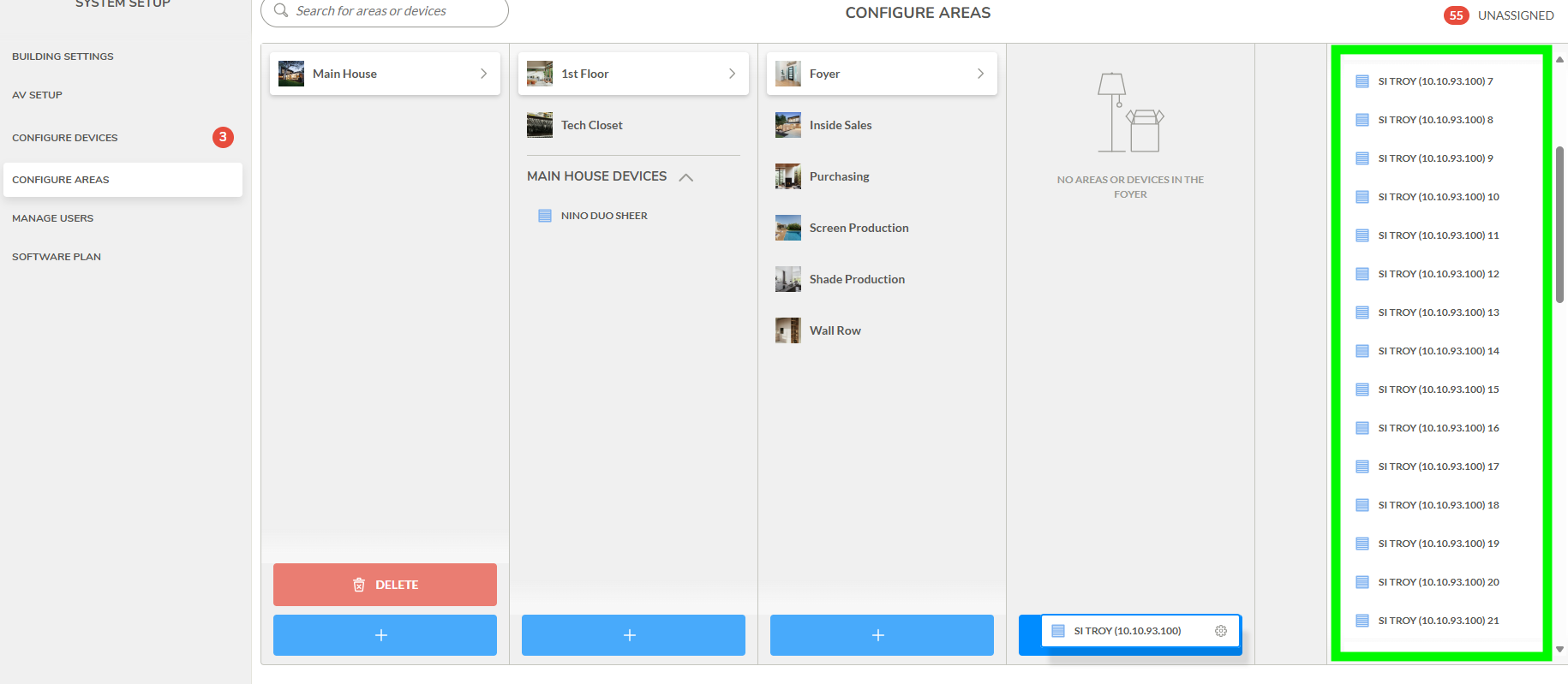 Configure Areas screen showing 55 unassigned SI TROY devices listed in green-highlighted right panel