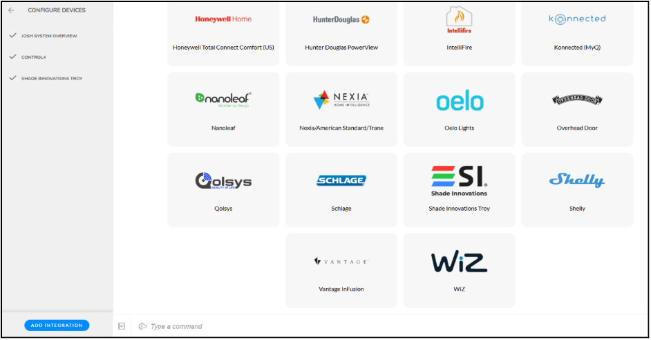 Josh Portal Configure Devices screen showing Shade Innovations Troy among available integrations grid