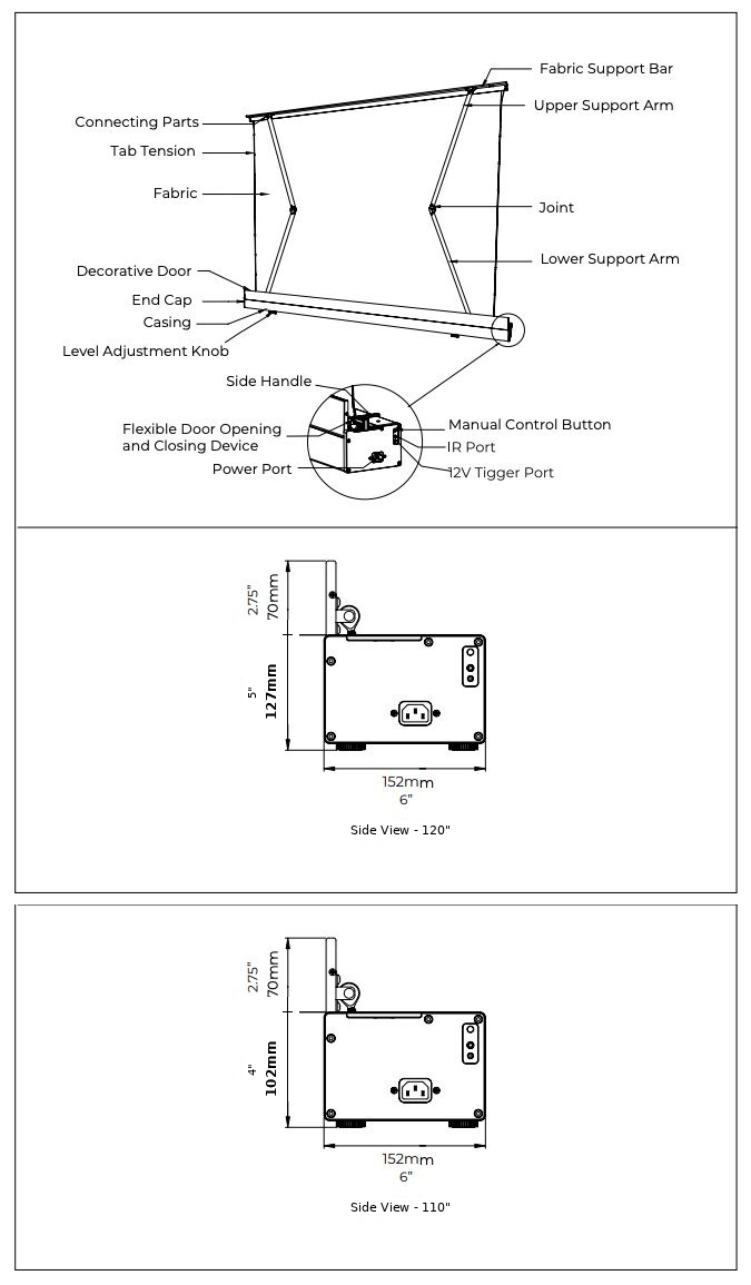 Labeled exploded diagram of projection screen components with side-view dimension drawings for 120-inch and 110-inch models showing cassette depth and width measurements