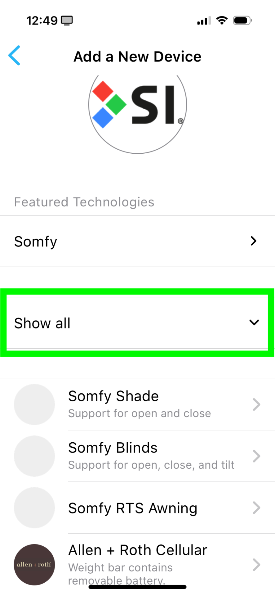 App screen showing Add a New Device menu with Show all option highlighted in green