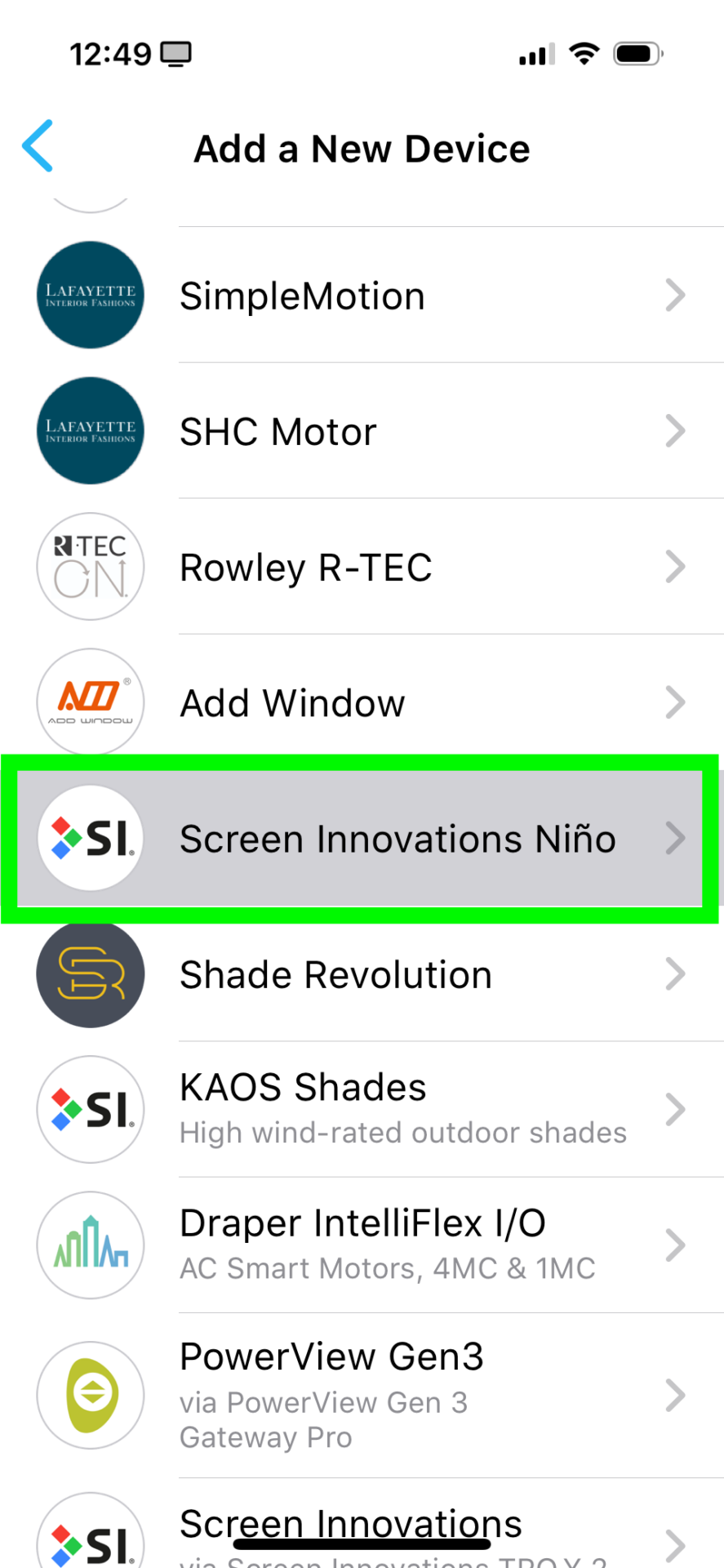 App screen showing Screen Innovations Niño highlighted in Add a New Device list
