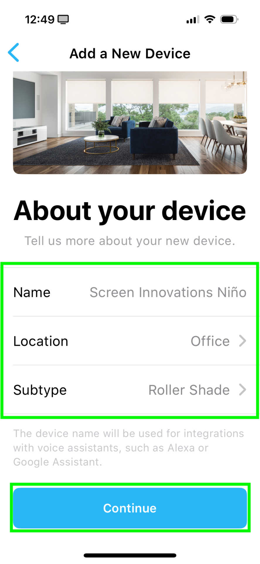 App screen showing Niño device setup form with Name, Location, and Continue button highlighted