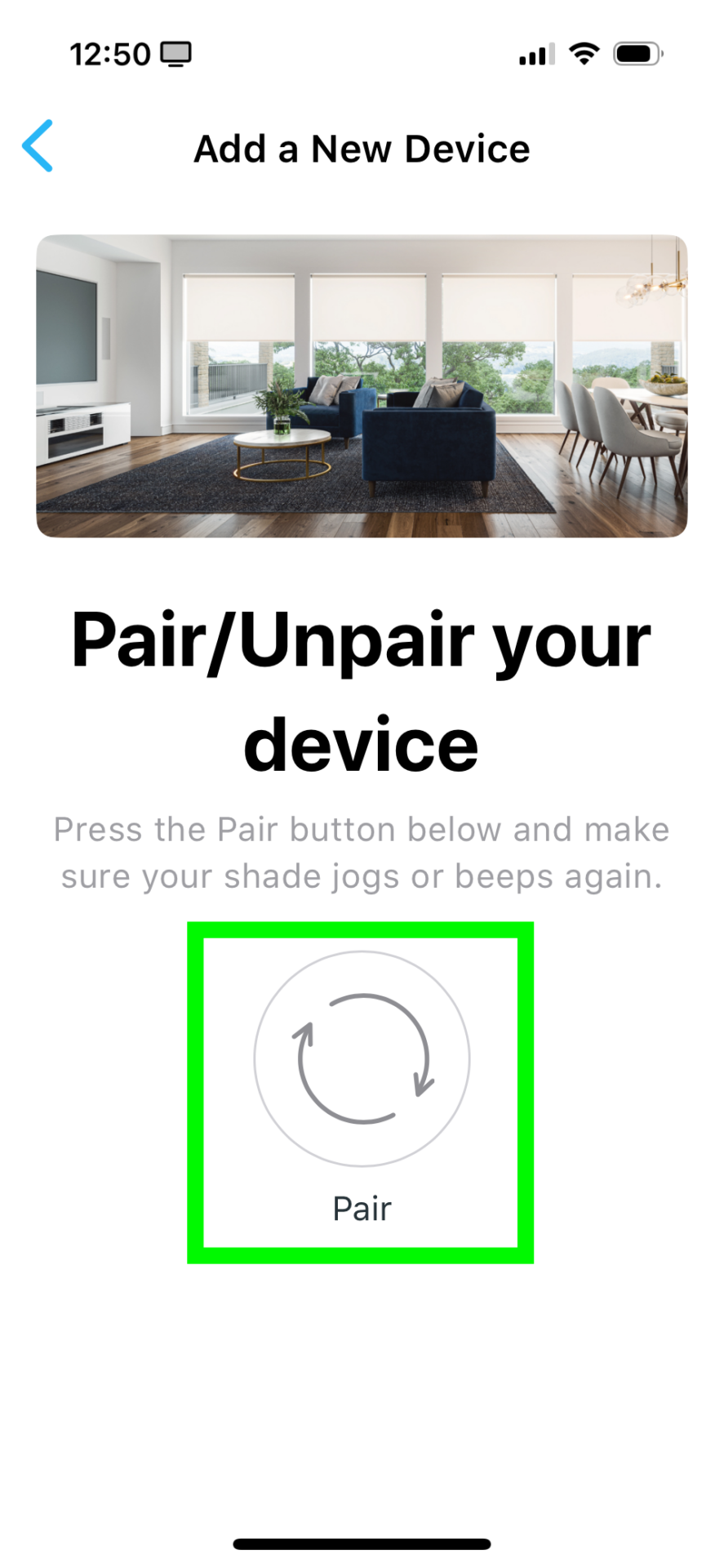 App screen showing Pair/Unpair device step with green-highlighted Pair button to confirm Niño shade pairing