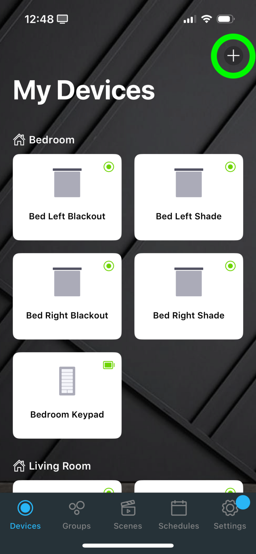 My Devices screen showing four bedroom shades, a keypad, and the plus button highlighted in green top right