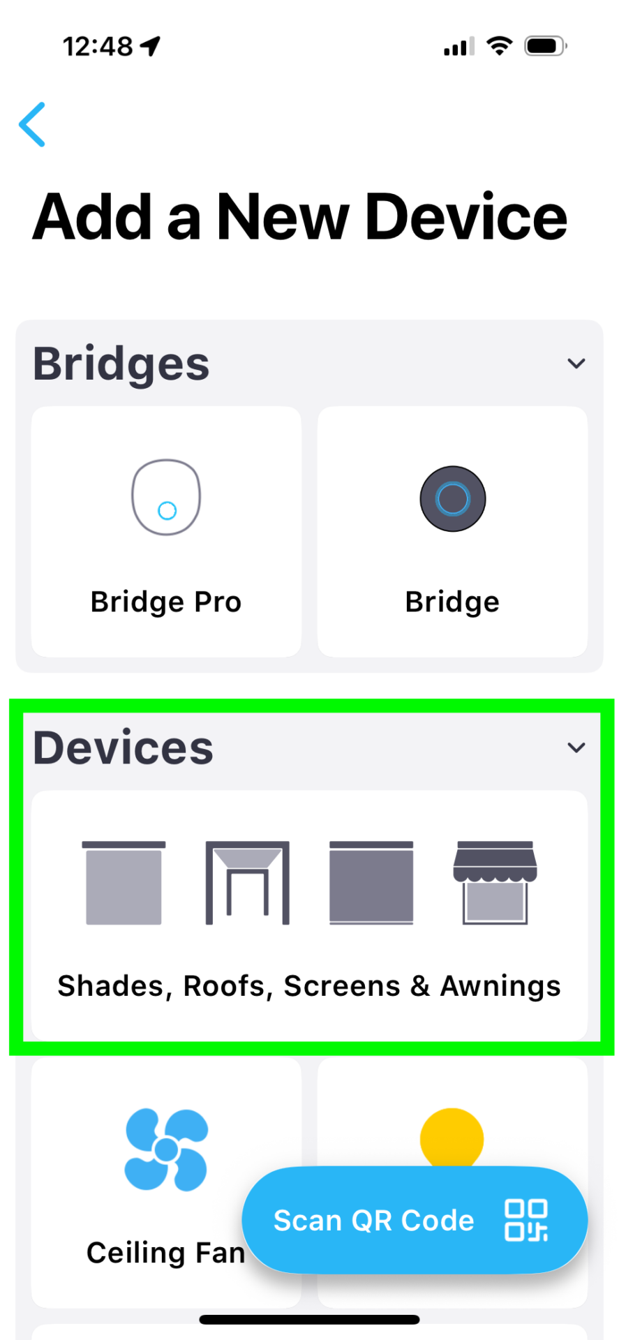 App screen showing Add a New Device menu with Shades, Roofs, Screens and Awnings option highlighted in green