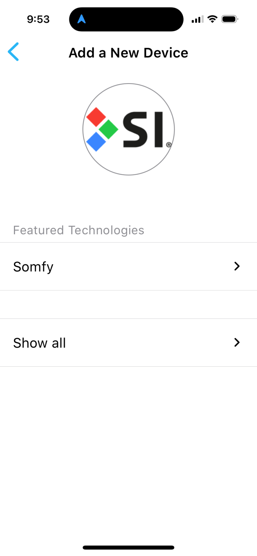 App screen showing Add a New Device menu with Somfy listed under Featured Technologies