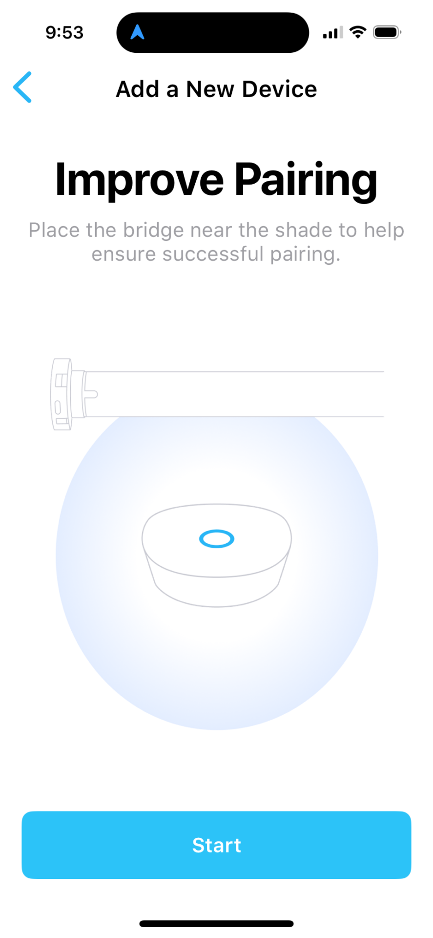 App screen showing Improve Pairing step with bridge icon near shade illustration and Start button