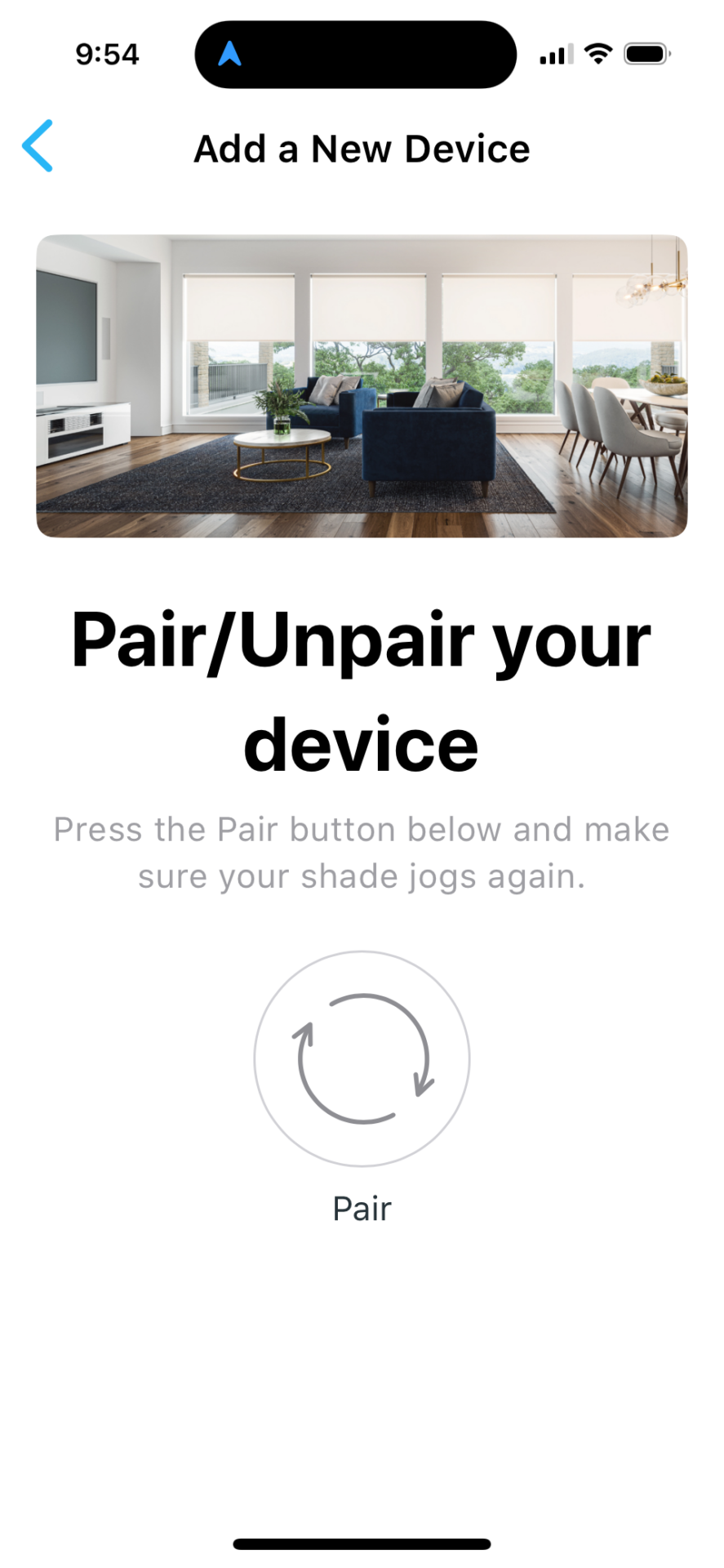 App screen showing Pair/Unpair your device step with circular Pair button below