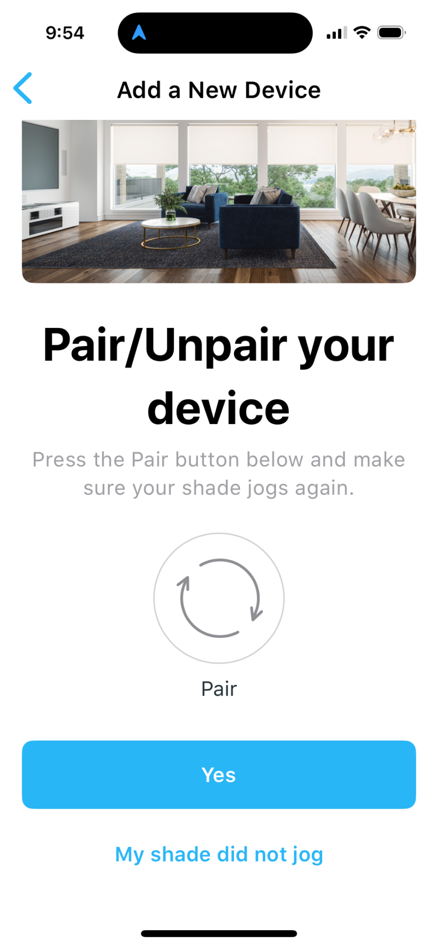 App screen showing Pair/Unpair your device step with Pair button and Yes confirmation option