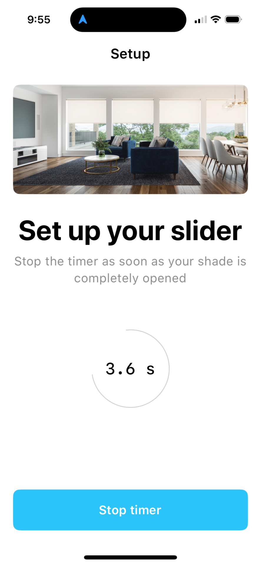 App screen showing slider calibration timer at 3.6 seconds with Stop Timer button below