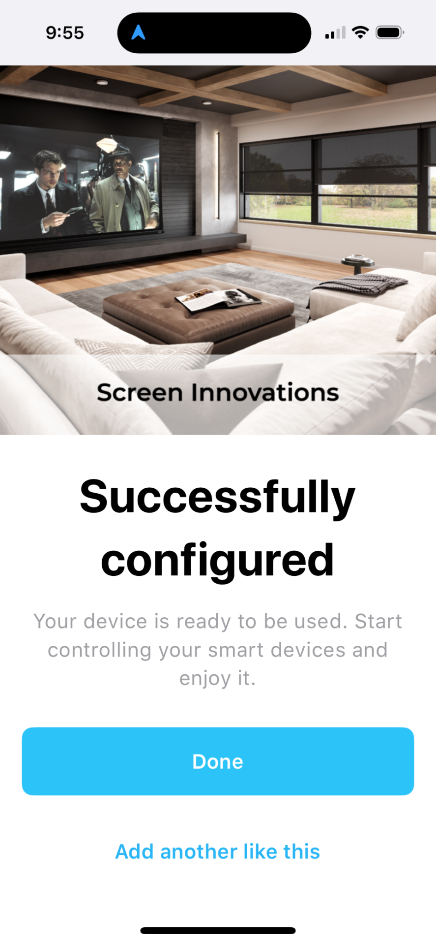 Screen Innovations app showing Successfully Configured completion screen with Done button