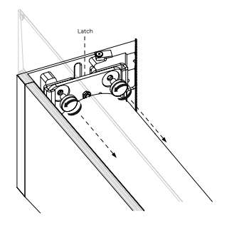 Latch location labeled on KAOS cassette door hinge mechanism, dashed arrow showing roll removal direction