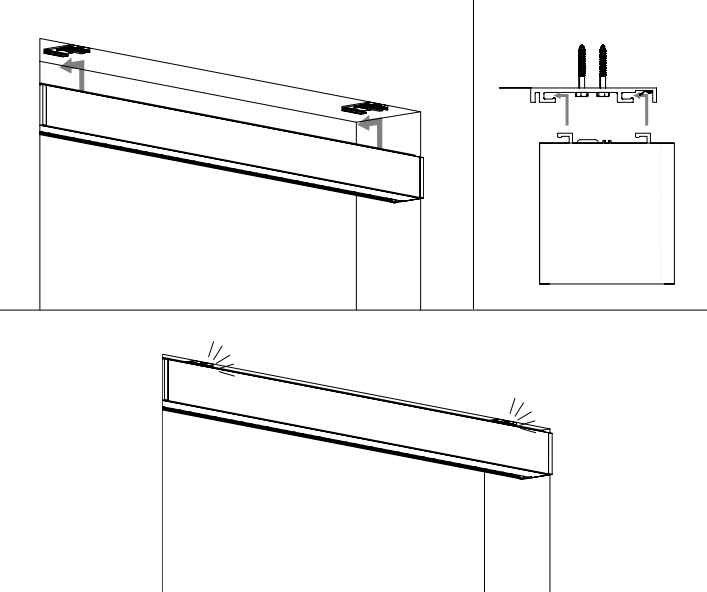 Cassette brackets securing to wall with screws shown in detail, and cassette snapping into mounted brackets at both ends